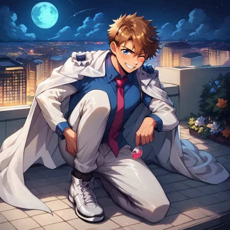 score_9, score_8_up, score_7_up, score_6_up, masterpiece, uncensored, best quality, amazing quality, best aesthetic, absurdres, intricate details, close up, full body, full view, yaoi, gay, anime BREAK 1boy, solo, male focus BREAK brown hair, blue eyes BREAK monocle, white top hat, purple shirt, necktie, white cape, pauldrons, white pants BREAK look at viewer, shy, blush, smile, one eye closed, squinting, relaxed eyebrows BREAK s2lk3n, blue moon, city, roof, kaito kid