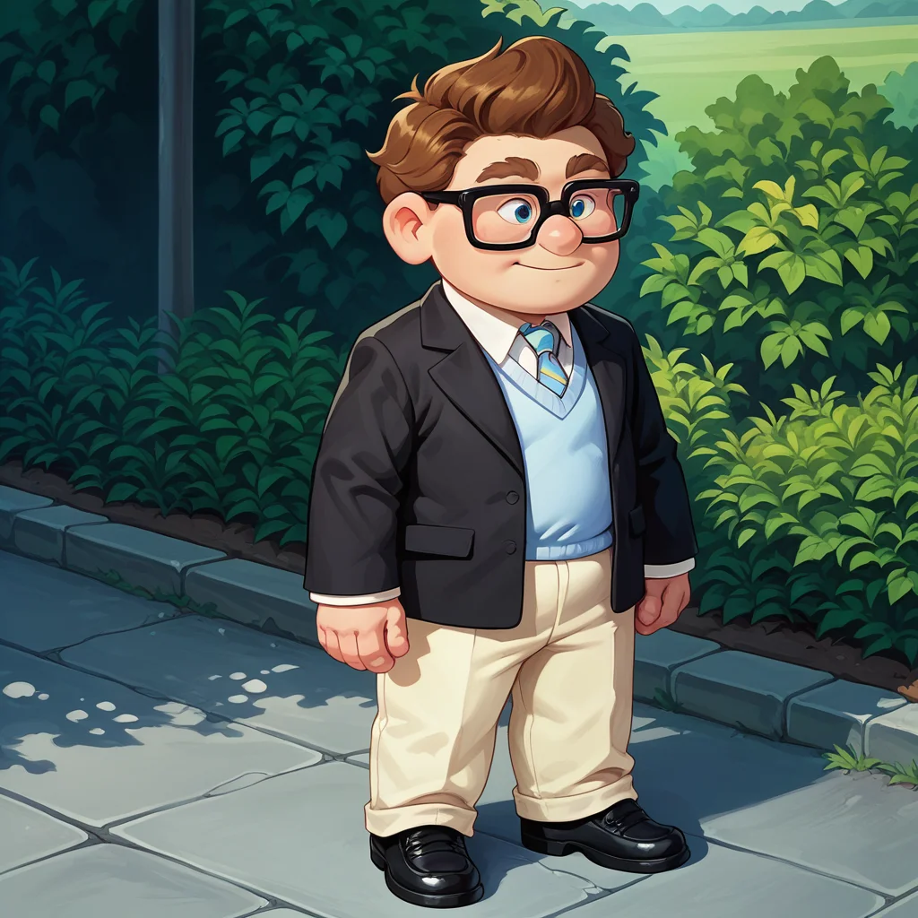 score_9, score_8_up, score_7_up, <lora:df-000008:0.9> ucarlyoun, 1boy, solo, glasses, (young), chubby, standing, black coat, light-blue vest, white shirt, necktie, beige pants, black footwear, outdoors,