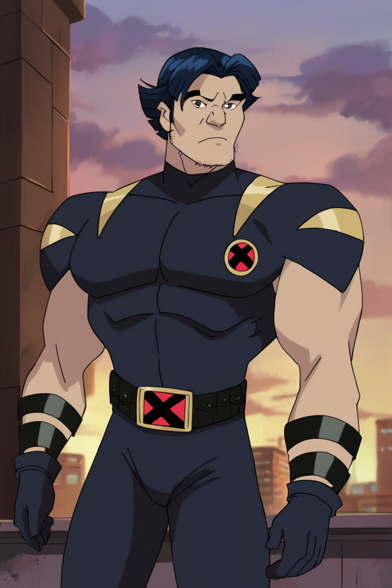 score_9, score_8_up, score_7_up, logan, xevosuit, 1boy, solo, male focus, mature male, short hair, dark blue hair, brown eyes, thick eyebrows, facial hair, stubble, sideburns, bodysuit, dark blue bodysuit, short sleeves, dark blue gloves, black belt, muscular, looking at viewer, standing, cowboy shot, outdoors, city, building <lora:Wolverine (Logan) X-Men Evolution (Second Suit) v1.1 [LoRA] - Pony V6 XL:0.85>