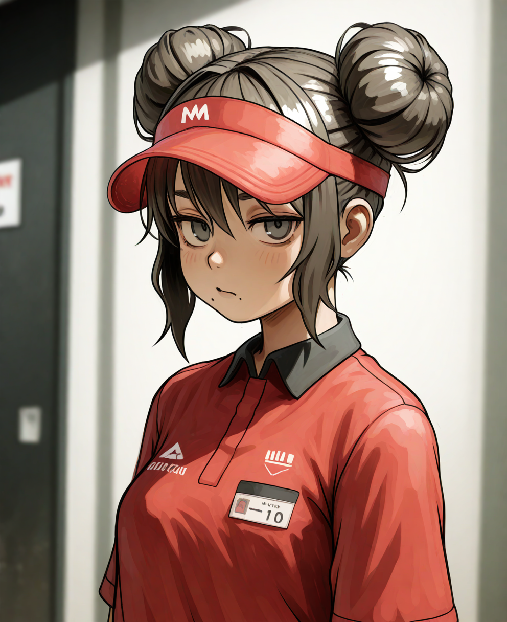 shion (mirudakemann) <lora:illustrious_styles_v3:1>,,
(masterpiece), (best quality), (ultra-detailed), amazing quality, very aesthetic, illustration, perfect composition, intricate details, absurdres, incredibly absurdres, shiny skin, realistic,
 <lora:boss:1>, boss_(gats), hair bun, double bun, mole under mouth, visor cap,brown hair, employee uniform,  black eyes, red_shirt, looking at viewer,