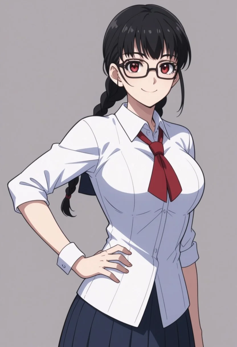 shiizaki lulu, 1girl, solo, glasses, black hair, braid, large breasts, red eyes, school uniform, standing, hand on hip, smile, score_9, score_8_up, score_7_up, score_6_up, score_5_up, score_4_up