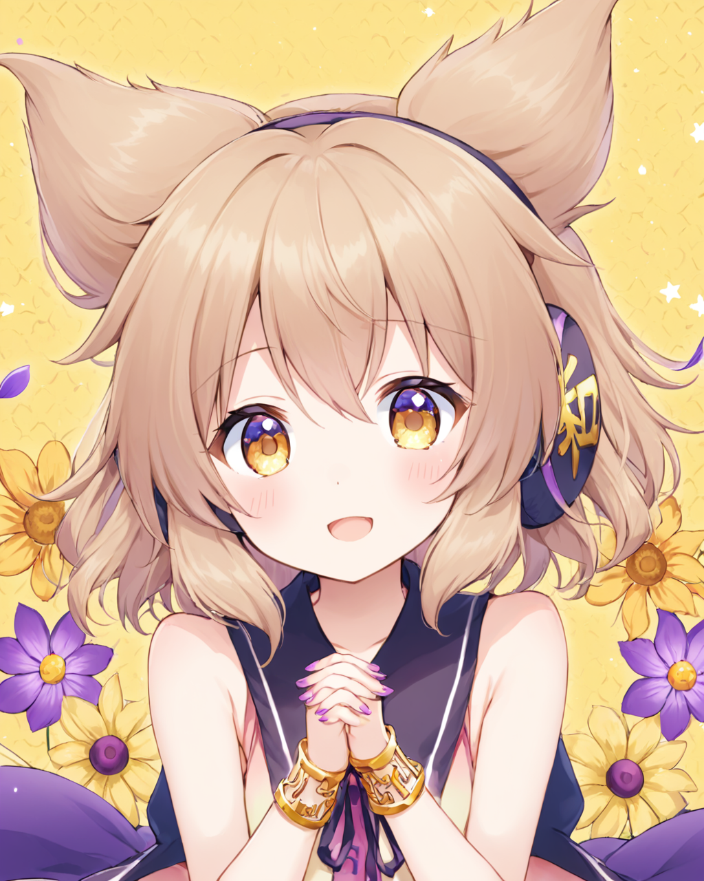 toyosatomimi no miko,1girl, solo, bracelet, earmuffs, open_mouth, blush, upper_body, looking_at_viewer, nail_polish, bare_shoulders, adapted_costume, sleeveless, yellow_flower, fingernails, simple_background, floral_background, purple_flower, :d, pink_flower, purple_nails, armlet, hands_up, ribbon
<lora:toyosatomimi_no_miko_image4798_2023-12-20-000009:1>,star-shaped_pupils,symbol-shaped_pupils,. gorgeous,key visual, vibrant, studio anime,award-winning, professional, highly detailed,high budget, cinemascope