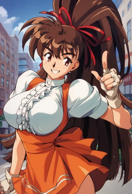 score_9, score_8_up, score_7_up, score_6_up, score_5_up, masterpiece, best quality, BREAK, 
1girl, solo, indoor, city, <lora:Takeuchi_Yuka_Variable_Geo_Pony:1> t yuka, brown hair, long hair, high ponytail, big breasts, fingerless gloves, waitress, orange skirt, hair ribbon, dynamic pose, smile