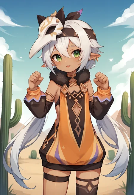 (score_9,score_8_up,score_7_up,),uncensored,(little girl:1.2),
<lora:Genshin_Iansan_pony:1>,Genshin_Iansan,1girl,solo,green eyes,white hair,long hair,bangs,hair between eyes,dark skin,pointy ears,dark-skinned female,
puffy long sleeves,thighhighs,long sleeves,very long hair,mask on head,single thighhigh,detached sleeves,puffy sleeves,ear piercing,asymmetrical legwear,piercing,ring,jewelry,bare shoulders,
looking_at_viewer,cowboy_shot,
on a desert,cactus,cat_pose,(:3:1.2),