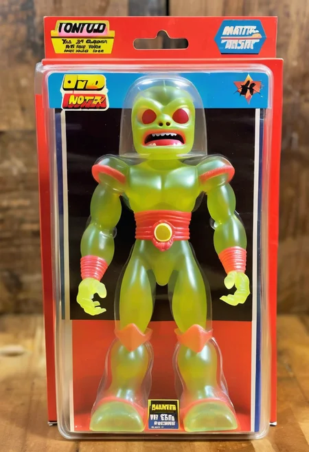 <lora:1987 Action Figure Playset Packaging:1>1987 Action Figure Playset Packaging - A product photo of a 1970s japanese toy clear monster action figure in front of packaging