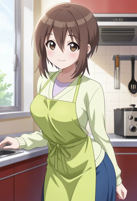 masterpiece, best quality, amazing quality, 1girl, solo, cowboy shot, n-motherww, brown eyes, brown hair, short hair, bangs, hair between eyes, sidelocks, medium breasts, green cardigan, undershirt, long sleeves, blue skirt, long skirt, green apron, looking at viewer, smile, indoors, day, skindentation, detailed clothing folds, depth of field, sharp, high contrast, dynamic light <lora:Nagasumi_Mother_Seto_no_Hanayome_ill_v11:0.9>