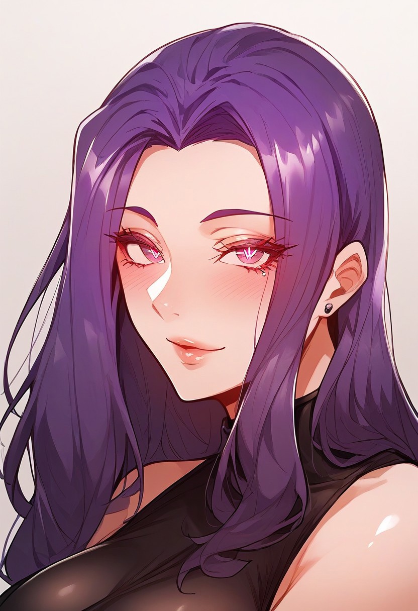 score_9, score_8_up, score_7_up, ASCII masterpiece, source_anime, BREAK, 1girl, solo, (( <lora:myung-ji:1> , myung-ji, thin waist, wide hips, beautiful skin, piercing purple eyes, clear eyes, bright pupils, beautiful eyes, beautiful purple hair, beautiful long hair, huge and shaggy breasts, natural beauty, extraordinary beautiful woman, attractive woman, super sexy woman, lustful body, sexy woman with seductive obscene body, sensual body, voluptuous body, sexy beauty, no piercings, no piercing, )) , (sexy sleeveless black dress, obscene cleavage, huge cleavage, )) , looking at viewer, sexy pose, cowboy shot, seducative smile, sexy, hands behind head,