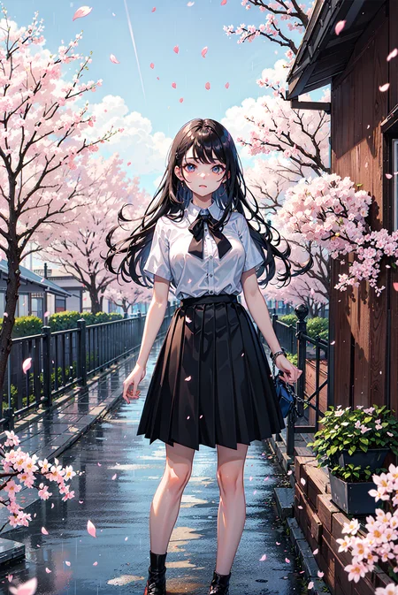 masterpiece, best quality, 1girl, black skirt, branch, building, chain-link fence, cherry blossoms, fence, long hair, outdoors, petals, pleated skirt, rain, shirt, short sleeves, skirt, solo, standing, tree, sky,street