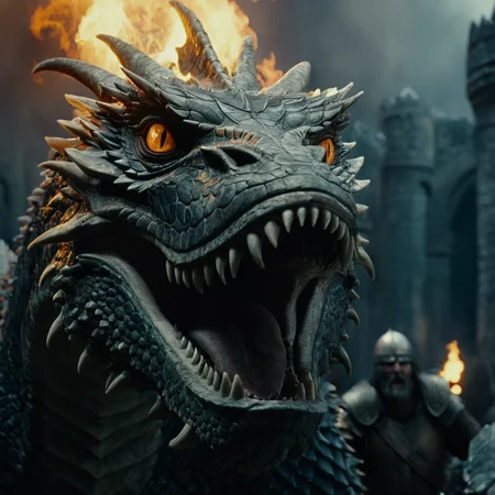 cinematic film still of <lora:The Lord of the Rings style:1>
In a Fantasy Middle-earth world in the dark ages Glaurung Father of Dragons a large dragon with a huge head and sharp teeth,open mouth,tail,horns,teeth,no humans,fire,sharp teeth,claws,smoke,monster,dragon,scales,ruins , dramatic light, dramatic shadow light, film contrast, cinematic film color, cinematic film look, filmic, realistic, realism, perfection, perfect, movie still, fantasy drama, epic drama, fictional, Age of Wonders, Age of Empires, warriors, Medieval style, middle ages, dungeons and dragons style, different people, different, unique, kingdoms and castles, violent, aggressive, detailed, perfection, detailed face, detailed body, detailed hands, detailed eyes, sharp, horror themed, dark themed, epic fantasy adventure film style, Legendary, mythical, The Lord of the Rings style, shallow depth of field, vignette, highly detailed, high budget, bokeh, cinemascope, moody, epic, gorgeous, film grain, grainy