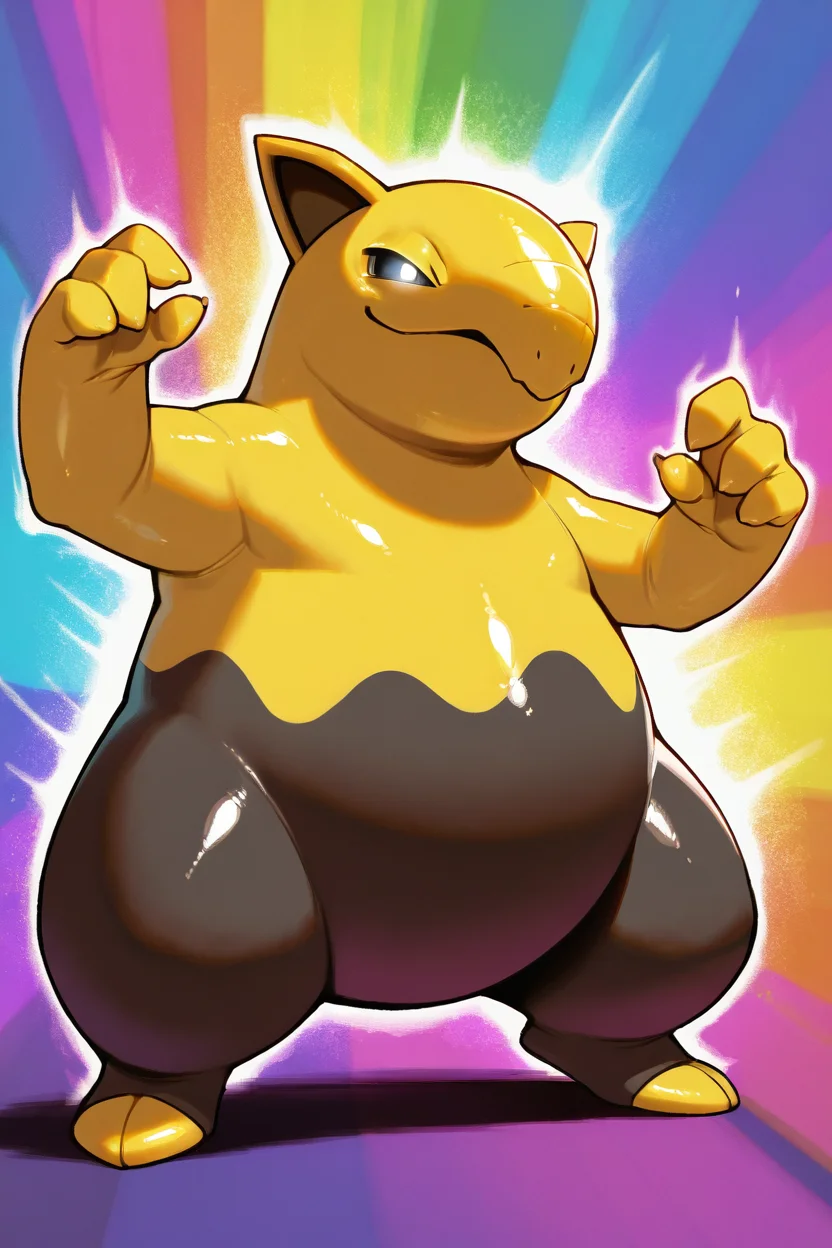 masterpiece, best quality, <lora:DrowzeePokedexIXL:1.0>, drowsee (pokemon),, no humans, smile, standing, full body, black eyes, shiny skin, hands up, glowing, , glowing eyes, multicolored background, pokemon move, rainbow background, fat, (no humans),
