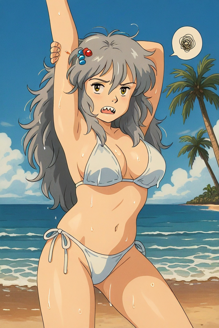 Studio Ghibli style,retro art style,
stretching, solo, 1girl, wet, looking at viewer, spoken squiggle, yellow eyes, grey hair, messy hair, hair between eyes, long hair, hair ornament, sharp teeth, white bikini, side-tie bikini bottom, large breasts, outdoors, blue sky, cloud, beach, ocean, palm tree