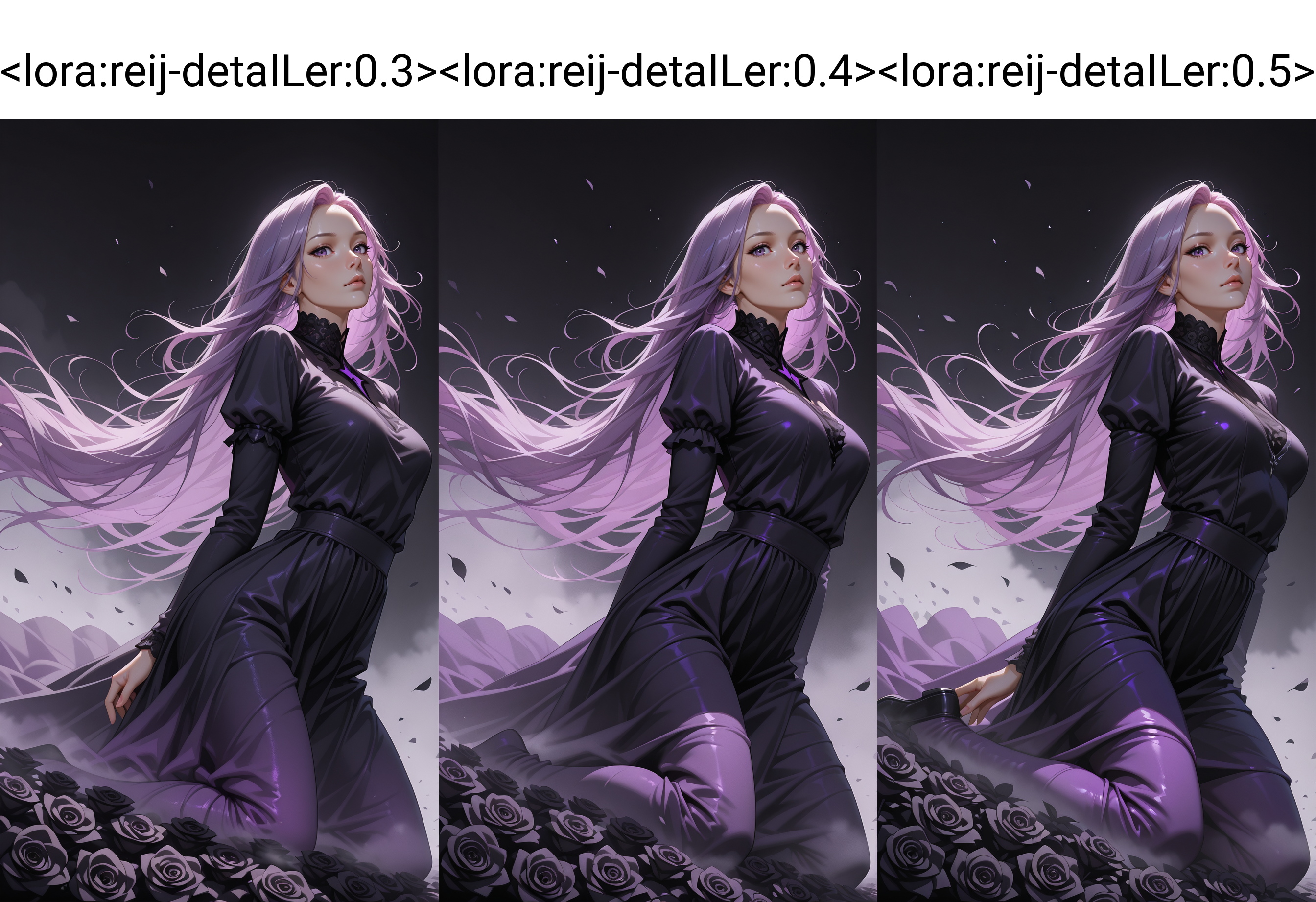 <lora:reij-detaILer:0.3>, sideview, portrait, fujifilm xt, realistic, dynamic angle, masterpiece, best quality, 8k, realistic, beautiful, surrounded by black roses leaves, high-resolution, realistic, portrait, a woman, extreme long hair, elemental, floating, dress is swirling in the wind, black background, black and purple neon grading, ranks, roses, shadows, dynamic, face focus, fog, eyelashes, looking at viewer, hip level shot, magical, kneeling, msysterious,