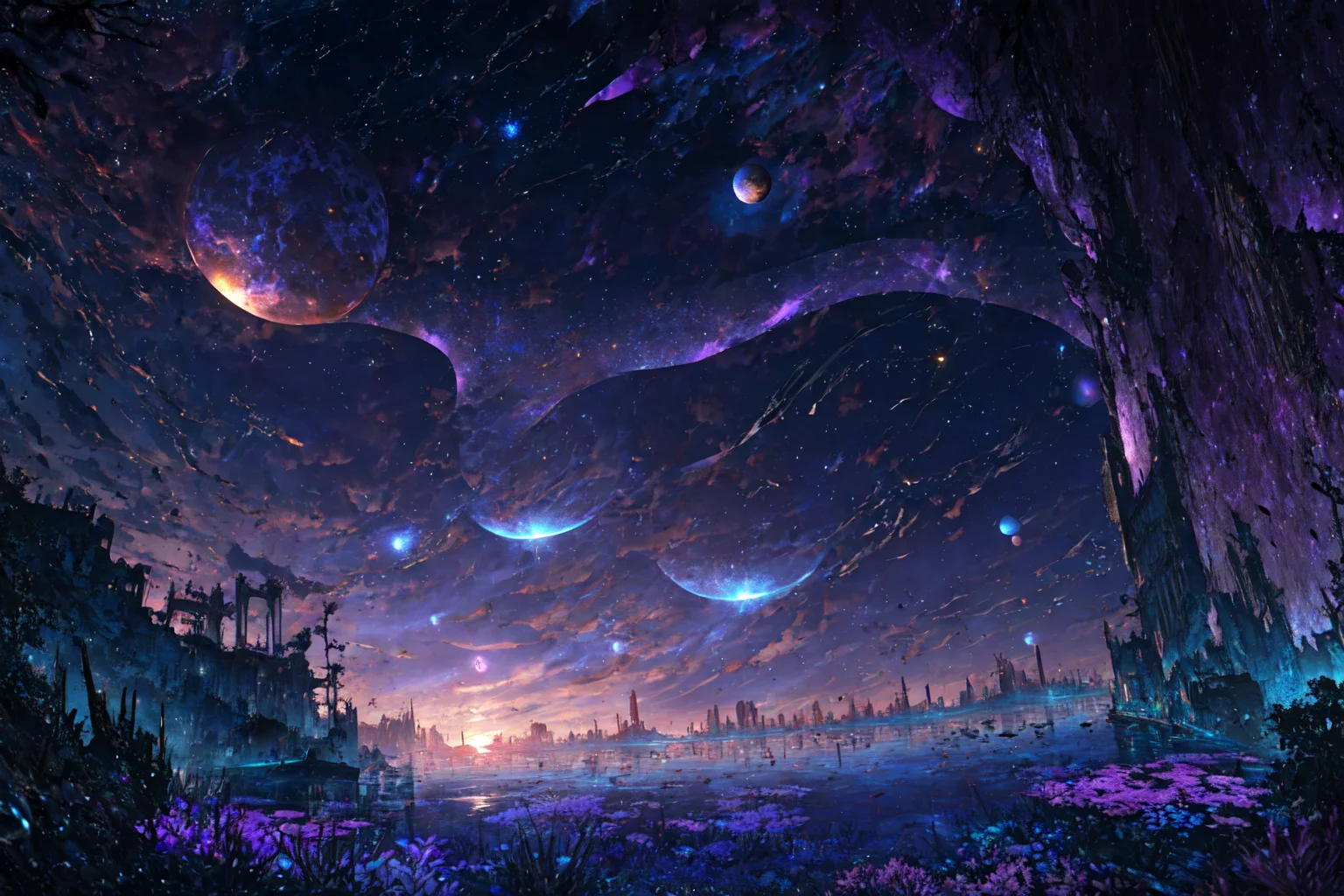 masterpiece, best quality, no_humans,((ruins)), <lora:RAL:0.6>,space,glowing,tanabata, tanzaku,city,milky_way,buildings,underwater,blood,earth \(planet\), <lora:Earth:0.5>,purple_theme