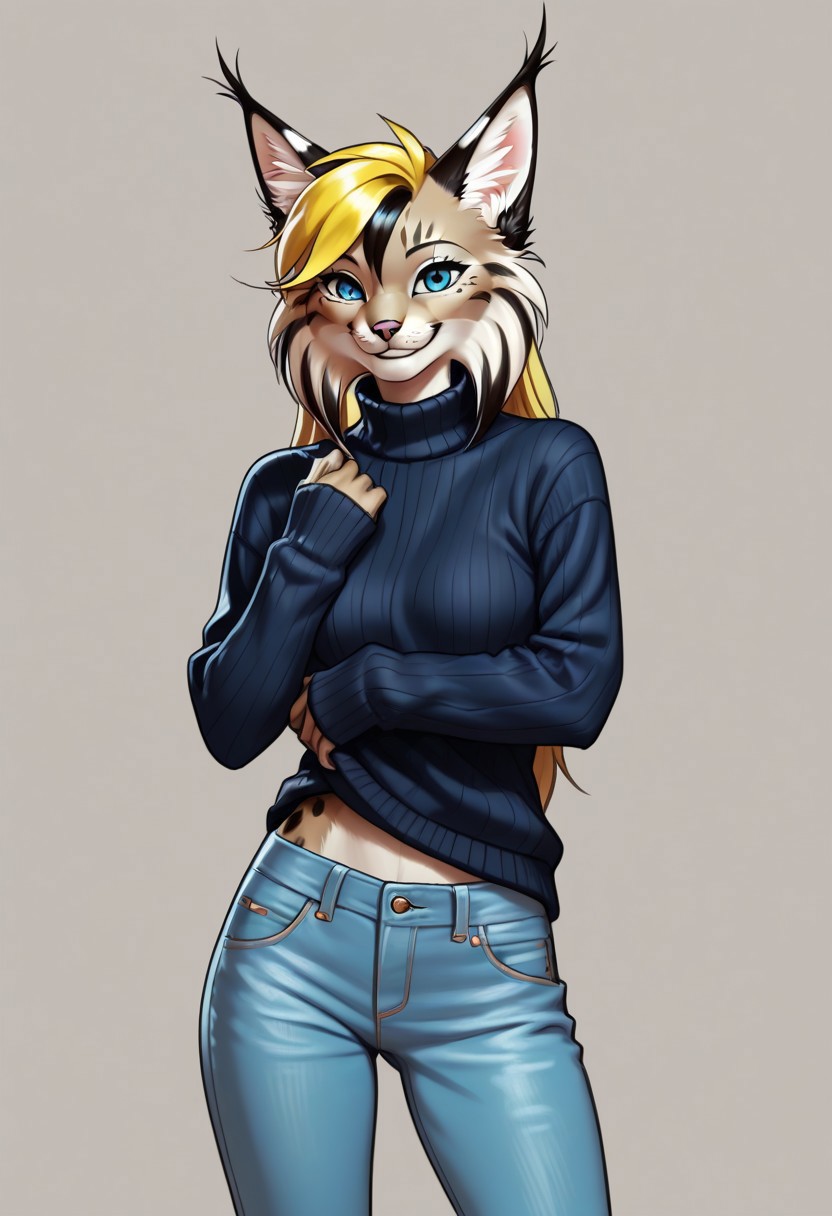 digital_media_(artwork) hi_res, score_9, score_8_up, score_7_up, score_6_up, score_5_up, score_4_up, rating_safe, beautiful, anthro, furry, feline, female, detailed textured fur, fur tufts, fluffy, slim, slender, cute, sweater, baggy denim jeans, beautiful blue eyes, detailed eyes, smile, solo, SFW, lynx, long blonde hair, multicolored hair, streaked hair, absurdres, highres, by odisia,