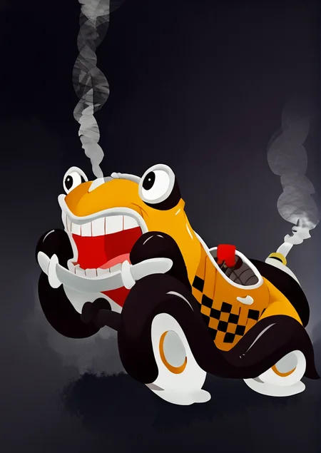 score_8_up, score_7_up, illustration, source_manga, rating_safe, r3tr0XLP ,<lora:r3tr0XLP:0.7>, b3NnyC4b, benny, cartoon car, cartoon taxi, large eyes, headlight eyes, grill mouth, happy expression, yellow cab, steering wheel, checkered pattern, standing up, walking on wheels,  <lora:Benny_The_Cab_-_Who_Framed_Roger_Rabbit_1988_-_Pony-000008:1>, break,  (dark background, smoke, fog)