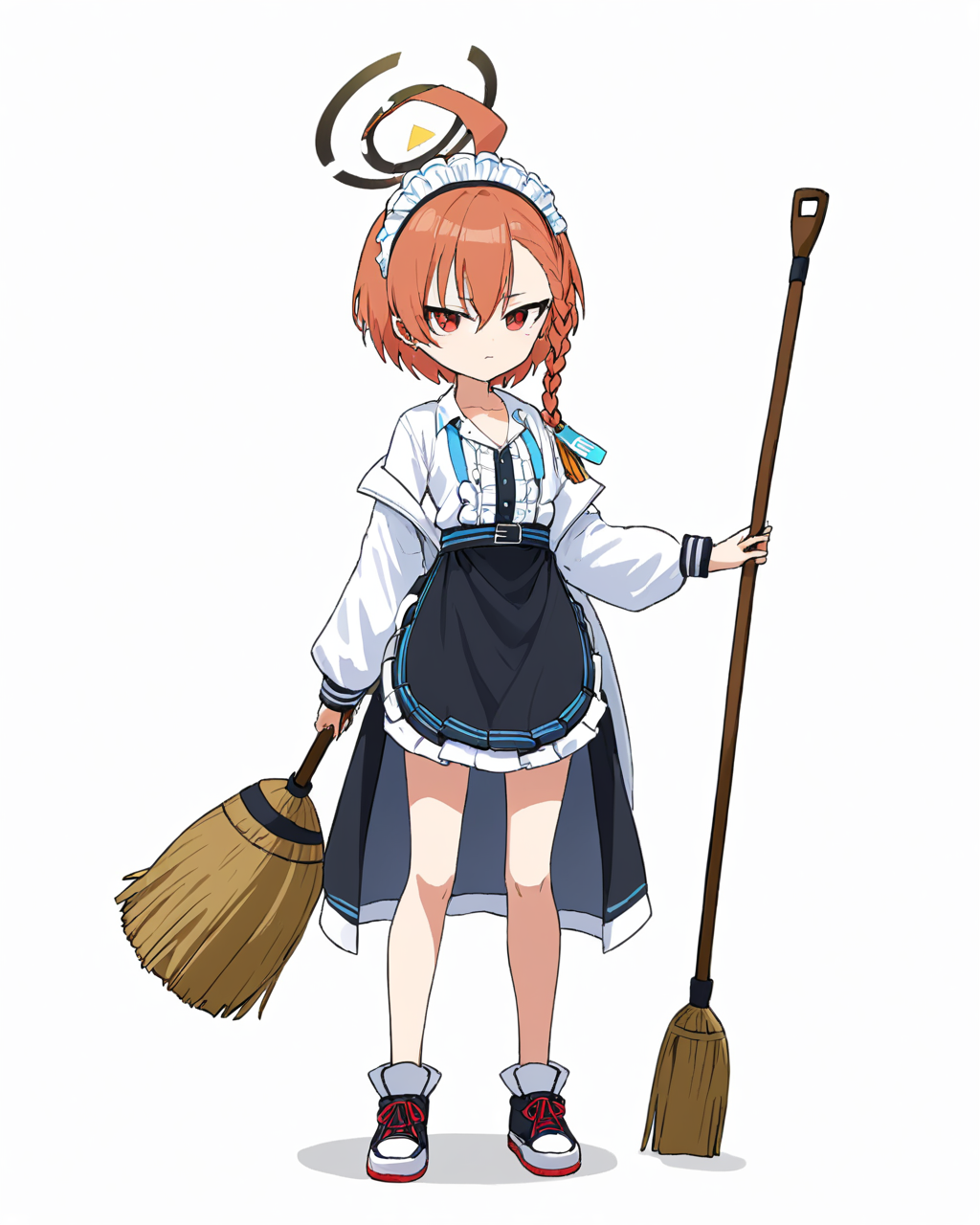 neru \(blue archive\),1girl, solo, halo, maid_headdress, white_background, simple_background, holding_broom, ahoge, apron, black_skirt, full_body, white_shirt, hand_on_hip, long_sleeves, frills, maid, mole_under_eye, ear_piercing, alternate_costume, sneakers, single_braid, standing, stud_earrings, closed_mouth
<lora:neru_(blue_archive)_image1870_2023-11-28:1>halo. gorgeous,key visual, vibrant, studio anime,award-winning, professional, highly detailed,high budget, cinemascope