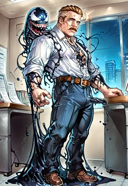 safe_pos, safe_pos, score_9, score_8_up, score_7_up, score_6_up, masterpiece, photorealistic, best quality, detailed eyes, detailed face, face_focus, (solo, full body in frame, J. Jonah Jameson, standing, side view, venom_assimilation, venom merging with J. Jonah Jameson, black goo, sexual conversion, corruption, black slime, dynamic pose), (office, desks, window, nighttime, dress shirt ripped wide open, pants, belt, Blue eyes, brown hair, gray hair on sides, mustache), muscular male, realistic,(wide open eyes, confusion, surprise), 