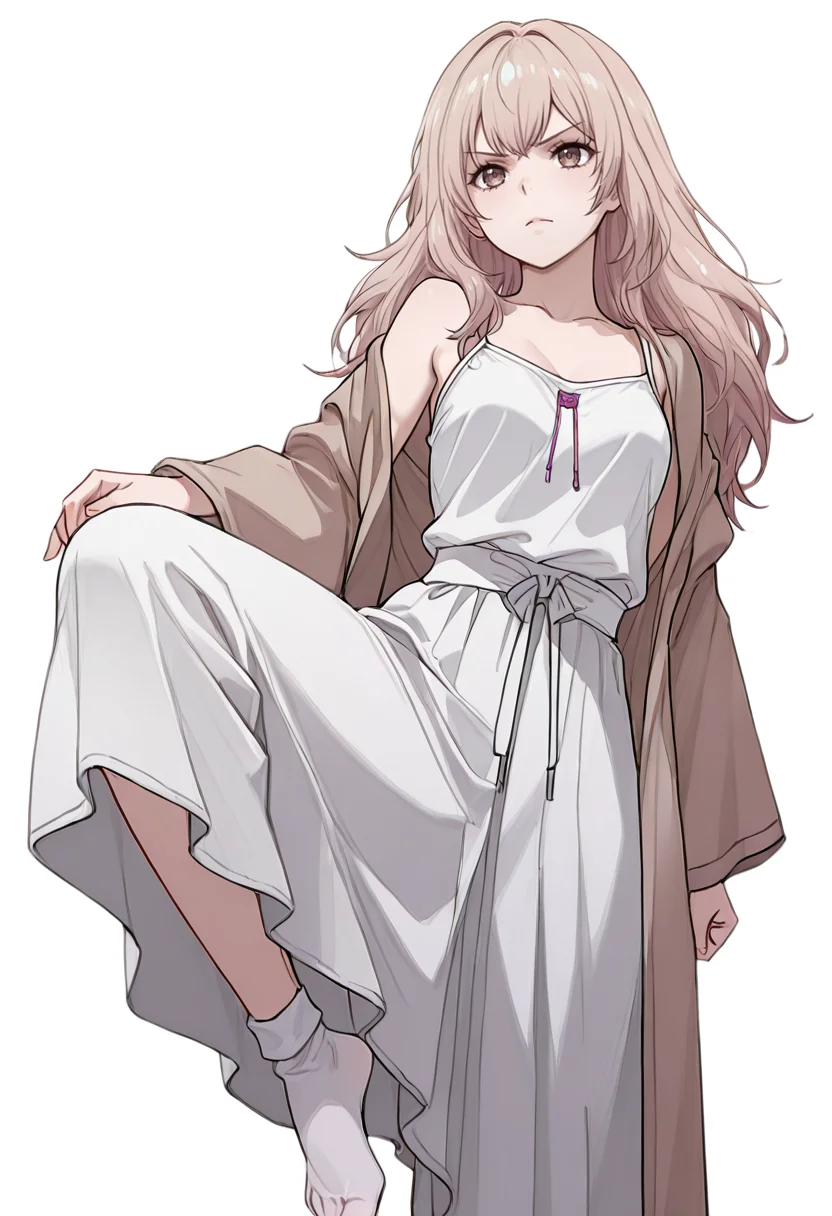 masterpiece,high quality details,
<lora:Kazusa_Ootori_V2:0.8>
kazusa_cnr, 1girl, light brown hair, long hair, brown eyes,, simple background, white background, front view,solo,, angry,determined,, one leg bent,neutral expression,walking pose,, tank top camisole ,robe ,long skirt, ,toe socks,