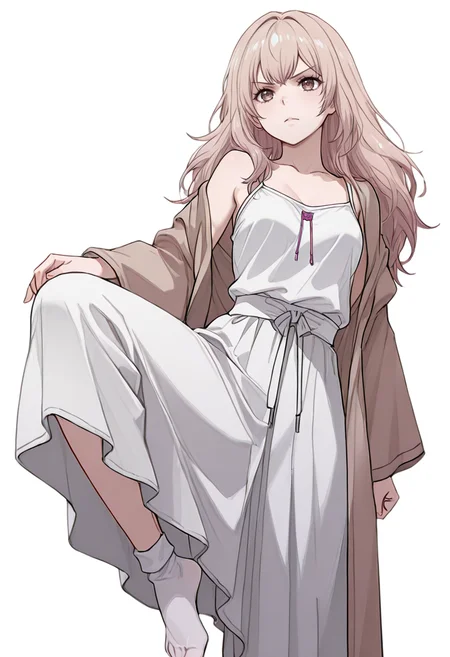 masterpiece,high quality details,
 <lora:Kazusa_Ootori_V2:0.8>
kazusa_cnr, 1girl, light brown hair, long hair, brown eyes,, simple background, white background, front view,solo,, angry,determined,, one leg bent,neutral expression,walking pose,, tank top camisole ,robe  ,long skirt, ,toe socks,
