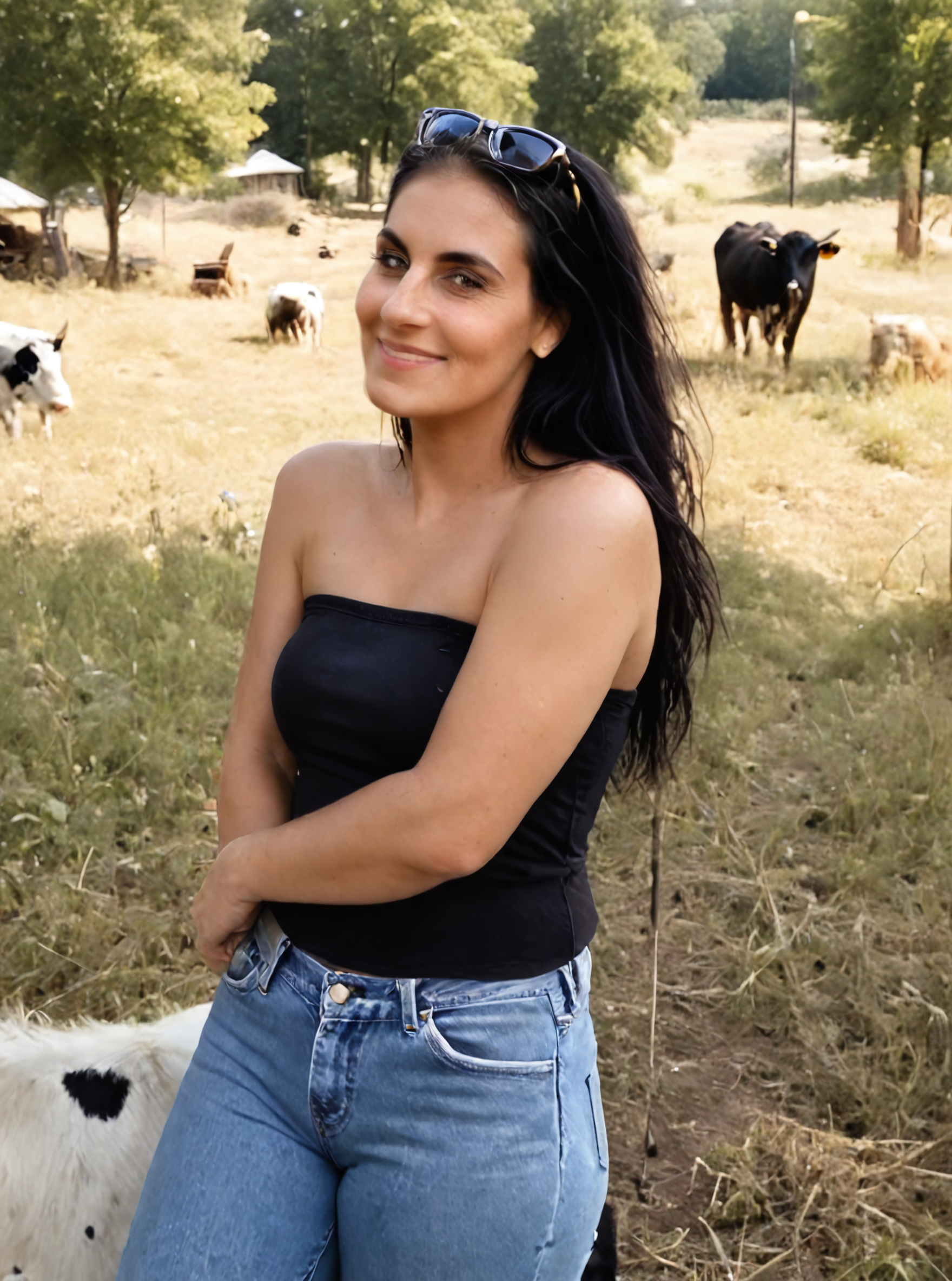 a side view of a mature woman wearing a black tube top and blue jeans, and has long black hair cascading down her back. On her head, there is a pair of sunglasses perched atop her hair, and she is smiling, in the background, there are trees and cattle in the distance, suggesting an outdoor setting. ExpressiveH,


