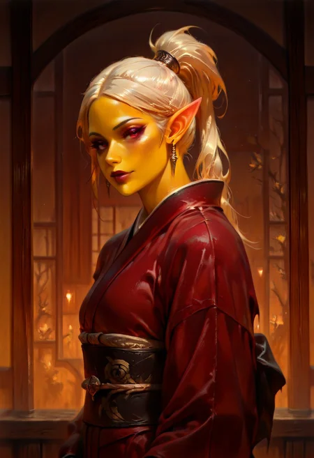 masterpiece, best quality, newest, absurdres, highres, DFOP-V3.0, oil painting, realistic, 1girl, asian, asian female, elf, elf girl, pointy ears, long hair, yellow skin, blonde hair, golden colored skin, kimono, red kimono, ponytail long ponytail, high taied ponytail, makeup, mascara,