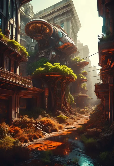 Stunning sci-fi fantasy landscape of post apocalyptic San Francisco replete with flora. Wonderous and full of enchanting mysteries. Hyperrealistic, sharp focus, mixed media, dramatic lighting, ultra-detailed, ray-traced, award-winning, light leaks, high contrast, warm colors, color graded, zavy-rmlght, chiaroscuro, fluorescence, artialien