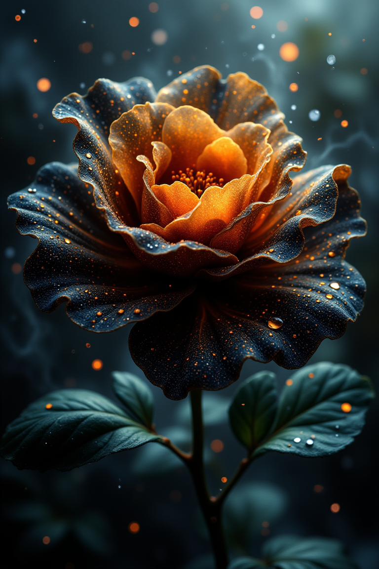 "A close-up of a beautiful black and gold rose with dew drops on its petals, glistening under the soft light of a rainy day. The petals are rich, velvety, and deep gold, with delicate rain droplets scattered across the surface, reflecting the light. The background is blurred, showing hints of green leaves and a soft mist, evoking a calm, serene atmosphere. The texture of the rose is enhanced by the wetness of the raindrops, giving the flower a fresh, vibrant look. The image conveys both elegance and tranquility, with a sense of natural beauty and renewal.",(masterpiece), best quality, expressive eyes, perfect face,(UHD:1.1),colors,(hyper detailed:1.1),intricately detailed,(fantastical:1),intricate detail,splash screen,(fantasy:1),(4k resolution:1),(masterpiece:1.1),complex background,(intricate detailed:1.1),bright colors,concept art,digital art,intricate,expert,insanely detailed,velvet_myst,aidmafluxpro1.1