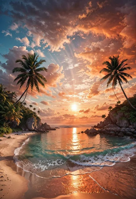 ((sea bay)), beach, palm tree, sunset, orange sky, cloud, (masterpiece),((ultra-detailed)), (highly detailed CG illustration),(expressionless), (best quality:1.2), High quality texture, intricate details, detailed texture, High quality shadow, Cinematic Light, Depth of field, light source contrast, perspective,20s, (ulzzang-6500-v1.1:0.5), <lora:epi_noiseoffset2:1>,  <lora:add_detail:0.8>,