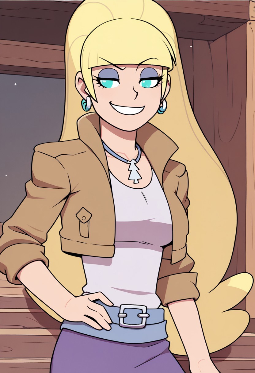 score_9, score_8, score_7, incogstyle, gfPacifica, 1girl, (((solo))), cropped jacket, smirking, dutch angel, on wooden porch,