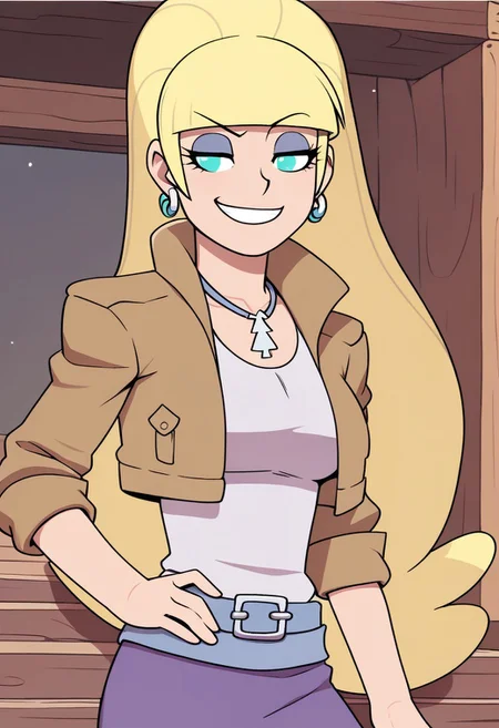 score_9, score_8, score_7, incogstyle, gfPacifica, 1girl, (((solo))), cropped jacket, smirking, dutch angel, on wooden porch,