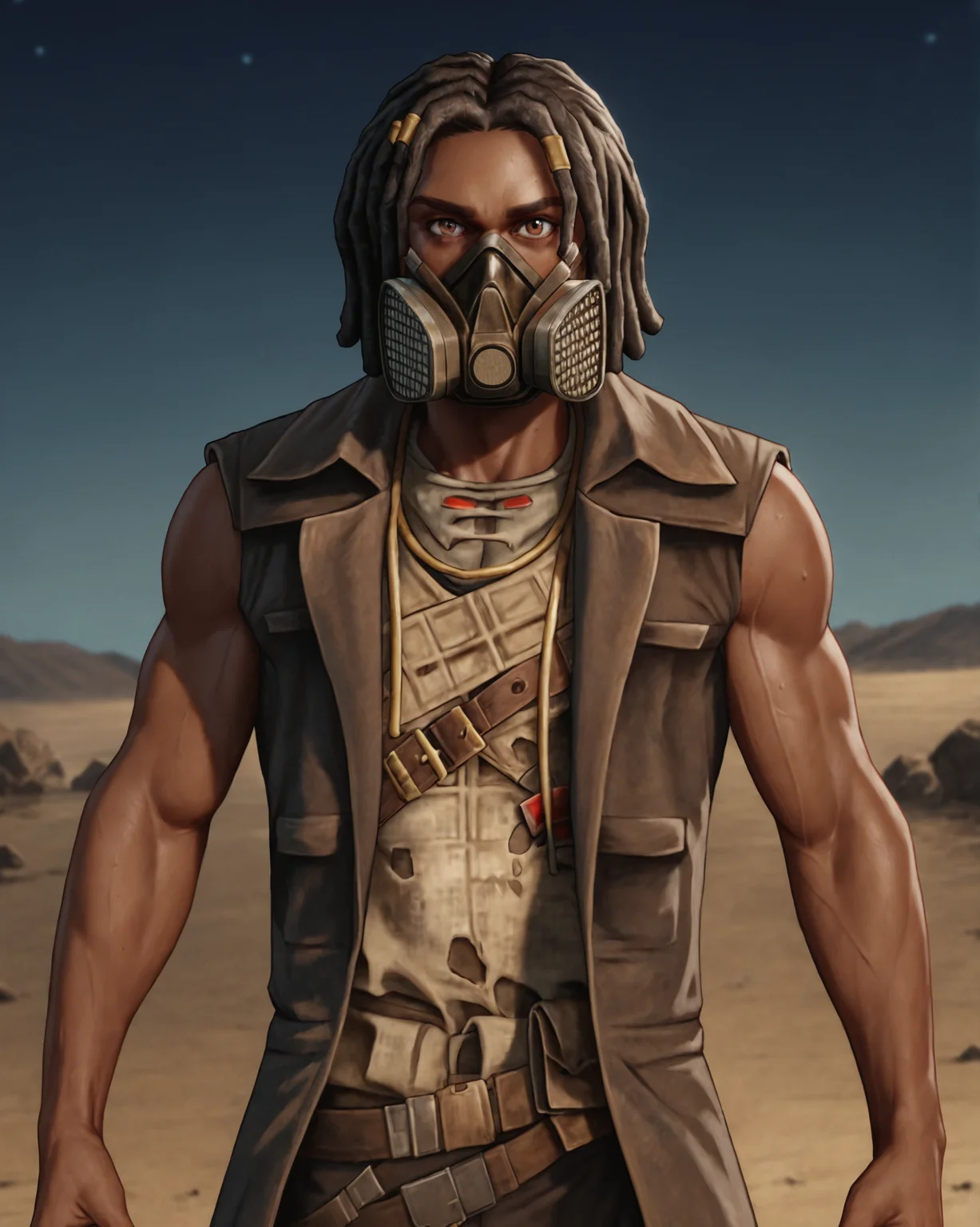 score_9, score_8_up, score_7_up, rating_questionable, intricately detailed, high resolution,<lora:Ulysses_Fallout_New_Vegas:0.8>, realistic,  
1boy(u1ysses, ulysses_coat, ulysses_mask, african, dark brown skin, black hair, dreadlocks, sleeveless, brown leather coat, bandolier, undershirt with holes, muscular, cowboy shot, solo, looking at viewer), ,
postapocalyptic wasteland, at night, night, darkness
,
front view, 
<lora:ral-chrosc-clr:0.7>, ral-chrosc-clr,
<lora:Expressive_H:0.5>
<lora:xl_more_art-full_v1:0.3>,
<lora:add-detail-xl:0.3>