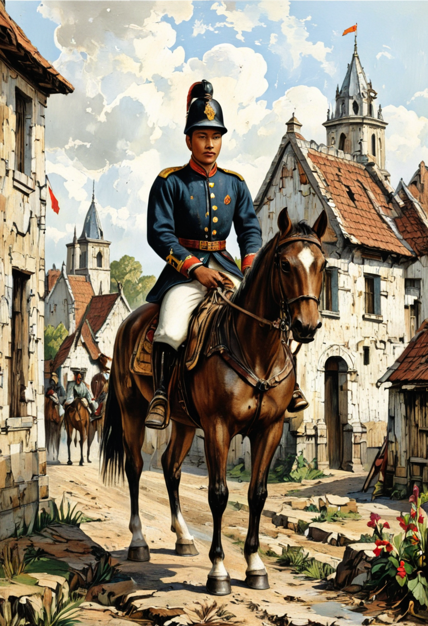 Dutch cavalry riding through an occupied village., in memadukan_painter art style, 19th century indies vintage illustration by Auguste van Pers, painting