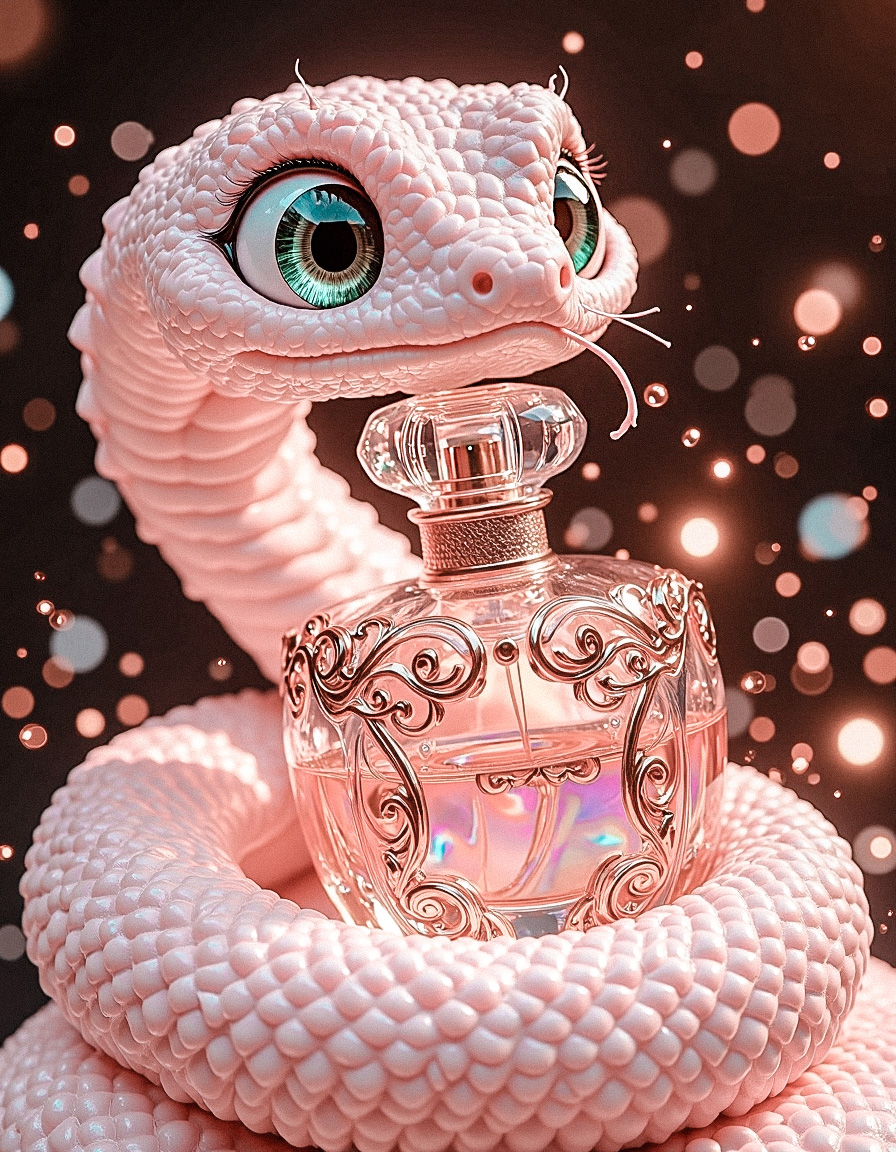 A whimsical, ultra-cute pink snake with an incredibly fluffy texture, its body covered in soft, pastel-pink scales that shimmer faintly under the light. Its wide, expressive eyes are a vibrant, glossy green, filled with wonder and a perpetually surprised expression, giving it an endearing, cartoonish charm. The snake is playfully curled around a luxurious, ornate perfume bottle, its coils gently hugging the glass. The bottle is a masterpiece of design, with intricate golden filigree patterns etched into its surface, reflecting light like a prism. The liquid inside glows with a mesmerizing, iridescent hue, casting a soft, colorful radiance that illuminates the scene. The bottle is the sole light source, creating a dreamy, magical ambiance with its warm, golden glow and scattered rainbow reflections dancing across the snake’s fluffy body and the surrounding darkness. The background is a deep, velvety black, making the vibrant colors of the snake and bottle pop vividly, creating a striking contrast.
