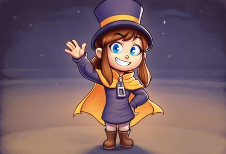solo, hat, blue eyes, brown hair, top hat, yellow cape, 1girl, boots, smile, HK_Prime