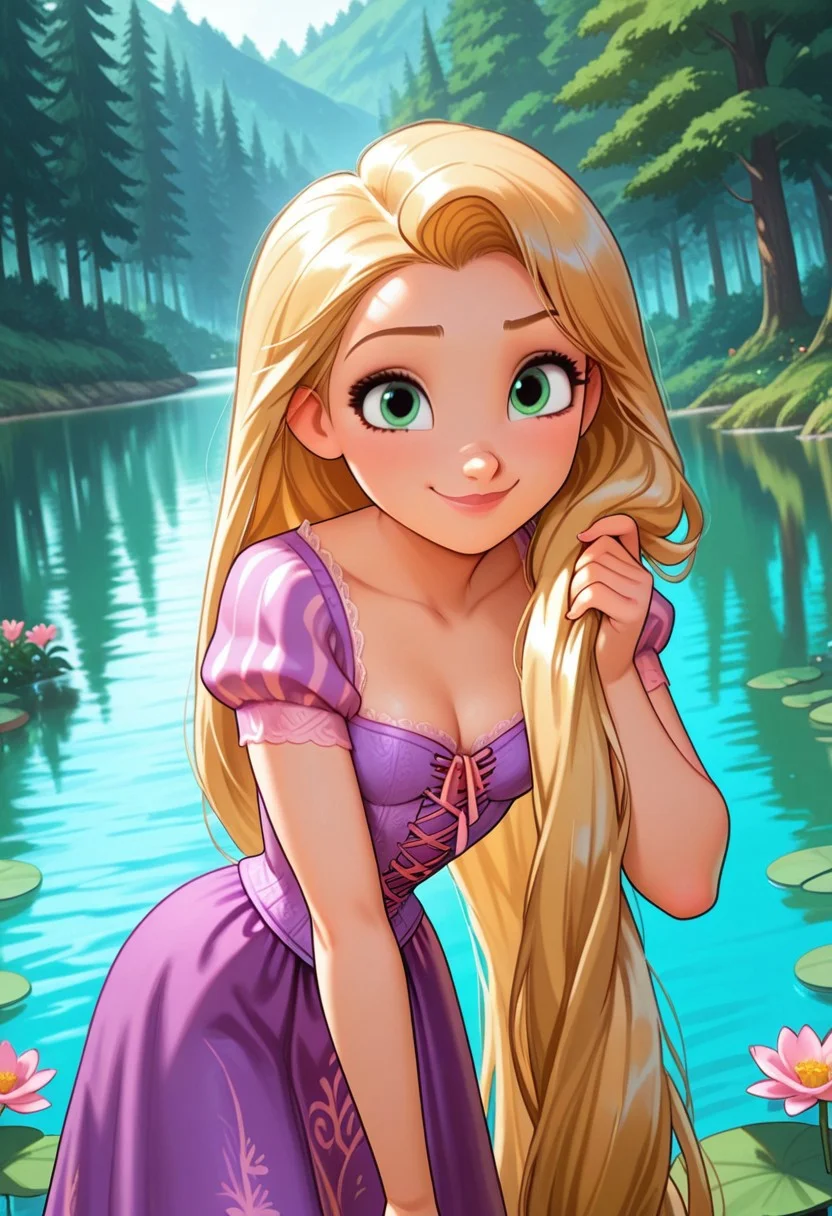 rapunzel, 1girl, solo, long hair, (looking at viewer:1.3), smile, blonde hair, dress, holding, very long hair, closed mouth, green eyes, flower, short sleeves, outdoors, puffy sleeves, water, tree, puffy short sleeves, lips, eyelashes, leaning forward, watermark, nature, corset, purple dress, forehead, pink flower, forest, cross-laced clothes, holding hair, lake, lily pad, pond, dqstyle, masterpiece, best quality, amazing quality, very aesthetic, absurdres, newest, (volumetric lighting)