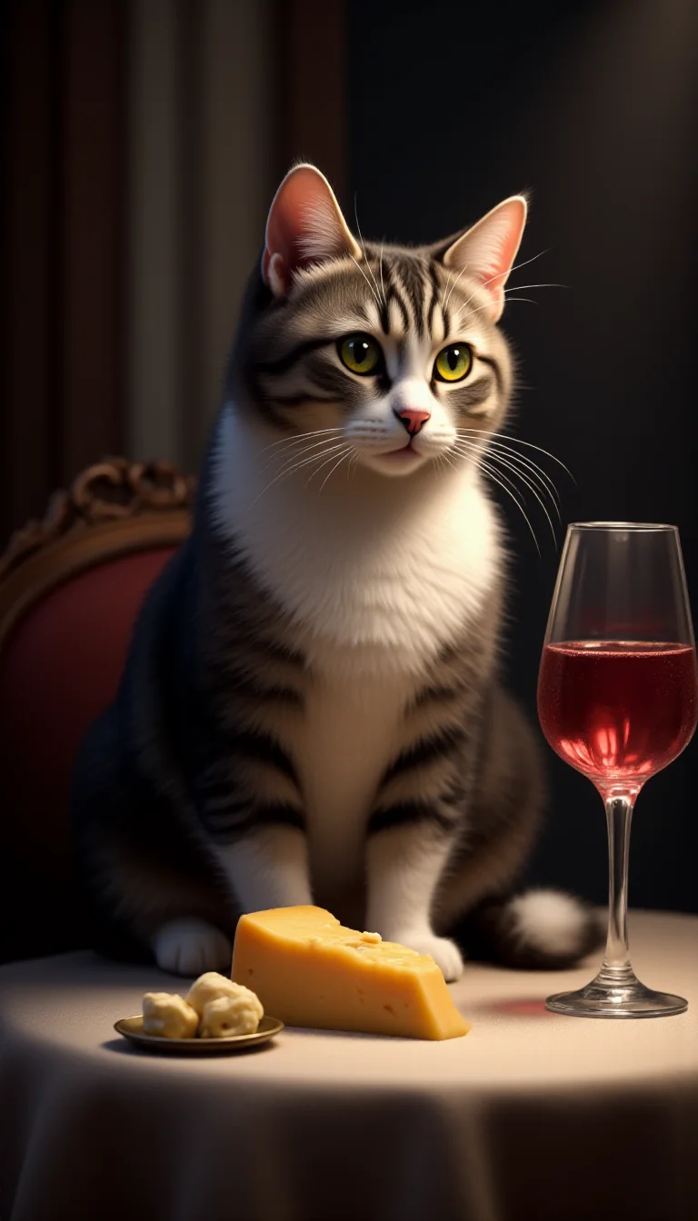 a elegant cat drinking a glass of wine, with cheese on the table, by Stjepan Šejić 9:16