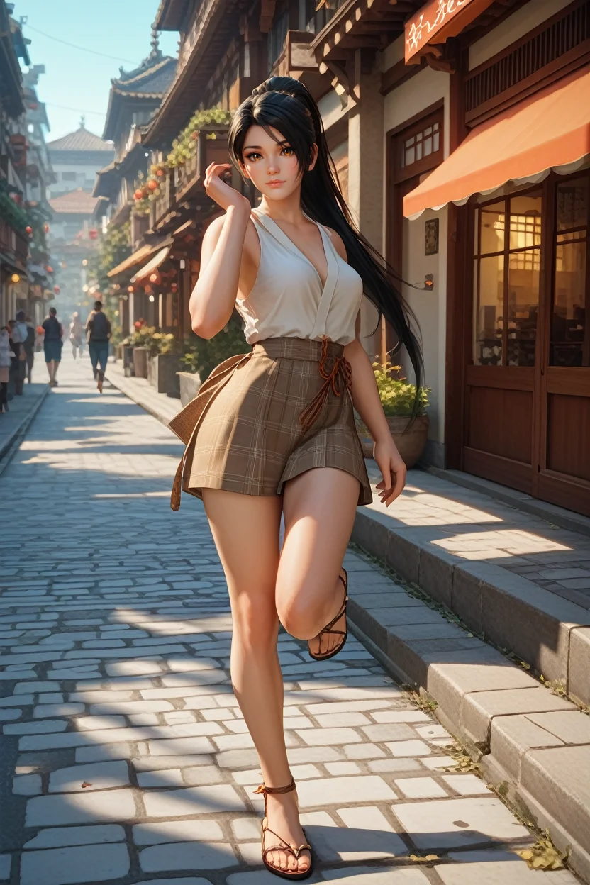 score_9, score_8_up, score_7_up,
<lora:DOAMomiji:0.8>
DOAMomiji, 1girl, black hair, brown eyes, long hair, ponytail, looking at viewer, posing on a cobblestone street, one foot on the ground, other leg bent slightly, European city architecture in the background, warm evening glow, stylish and urban atmosphere