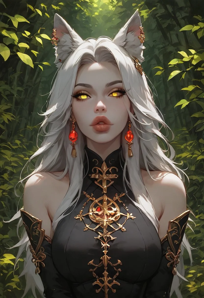 score_9, score_8_up, score_7_up, score_6_up, score_5_up, score_4_up, score_9, score_8_up, score_7_up, (best quality, masterpiece, highest detailed), fashion photography of cute (wolf girl), (large breasts, slim waist, large hips), (((young))), (yellow eyes), (grey hairs, long hairs), ((grey wolf ears, grey wolf tail)), in high detailed textured (((black samouraï clothes:1.5))), ((wearing a katana at her waist)) (ultra-detailed body), (((take place in dark and dense forest:1.5))), moonlight passing through canopy, sitting on an ancient shrine, (((detailed background))), (intricate details), (dynamic angle), (((full lips))), (((suggestive pose))), pale skin, g0thicPXL, glowing, neon, Expressiveh,