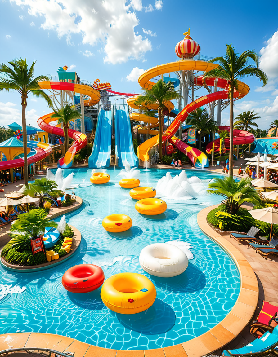 A vibrant and exciting water park on a sunny summer day, filled with families and friends enjoying the attractions. In the foreground, a massive twisting water slide with bright colors (blue, yellow, and red) spirals down into a large, crystal-clear pool. People are mid-air, splashing into the water with big smiles and excitement on their faces. To the left, a lazy river with inflatable tubes gently floats visitors under small waterfalls and palm trees. In the center, a giant wave pool creates artificial waves, with children and adults riding them on inflatable boards. A tall, multi-story play structure with water cannons, tipping buckets, and small slides is surrounded by kids laughing and playing. The background features lounge chairs with sunbathers, colorful umbrellas, and a snack bar selling ice cream and drinks. The sky is bright blue with fluffy white clouds, and the sunlight reflects off the wet surfaces, enhancing the cheerful summer atmosphere. The overall mood is fun, energetic, and full of joy.
<lora:SDXLFaeTastic2400:0.4> <lora:extremely_detailed:0.4> extremely detailed, <lora:water_p4rk:1>,water p4rk, Masterpiece,best quality,hi res,8k,hi res,8k,award winning,(sharp focus, intricate, highly detailed),