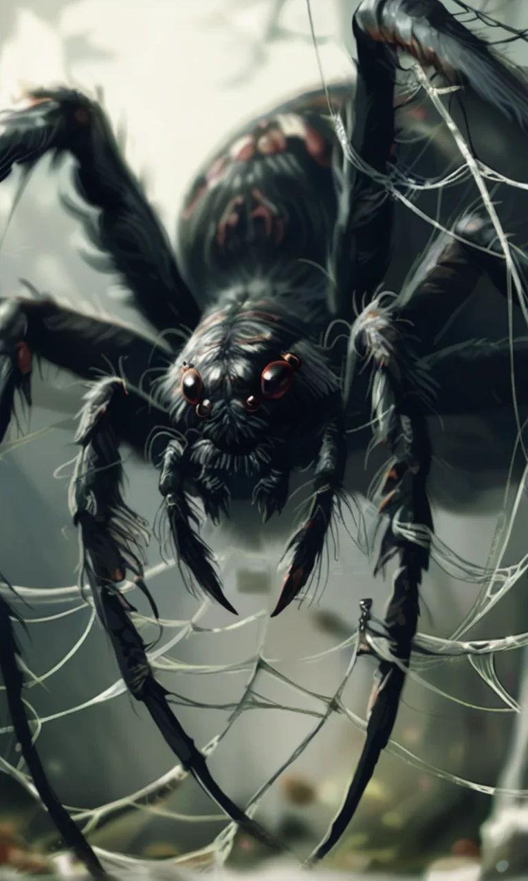 A close-up photograph of a cute large hairy black spider with red puppy-like eyes perched on a web in a dimly lit eerie forest setting. The spider's detailed texture and the web's intricate patterns are highlighted by soft diffused light. <lora:- NAI - ac_illustration_V1.0-step00011000:.4> <lora:- NAI - PdJ_highres_counterweight_V.2.0-step00021000:0.7>