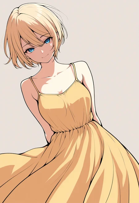 masterpiece, best quality, 1girl, solo, H0u0ujiAkane, blue eyes, blonde hair, short hair, lineart, yellow sundress, spaghetti strap, sleeveless, flowing dress, wind, head tilt, arms behind back, looking at viewer, dutch angle, smile, simple background, <lora:ChamHououjiAkaneNoob:1>