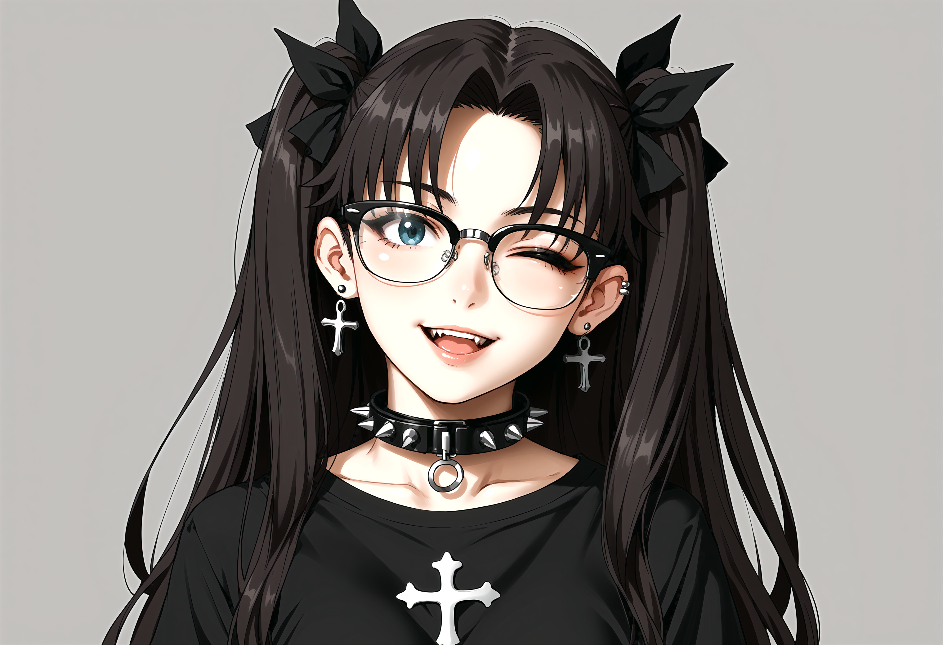 score_9, score_8_up, score_7_up, source_anime, 1girl,body out of frame, (((extreme closeup))), smile, wink, ;),head tilt, open mouth, black shirt, punk, by gishiki (gshk)
BREAK
black hair,<lora:raybanclubmaster-concept-richy-v1_pdxl:1>, r glasses, black-framed eyewear, black and gold details, <lora:EPfsnRinPony:0.56>EPfsnRin, rin_tohsaka, tohsaka rin, two side up, ribbon, hair ribbon,black ribbon, parted bangs
BREAK
dark eyeliner, eyeshadow, spiked collar, emo, messy hair, cross_jewellery, pale skin, piercings, black lips, 
BREAK
<lora:g0th1cPXL:0.15>,<lora:GUXLlokr8f:0.40>