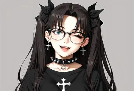 score_9, score_8_up, score_7_up, source_anime, 1girl,body out of frame, (((extreme closeup))), smile, wink, ;),head tilt, open mouth, black shirt, punk, by gishiki (gshk)
BREAK
black hair,<lora:raybanclubmaster-concept-richy-v1_pdxl:1>, r glasses, black-framed eyewear, black and gold details, <lora:EPfsnRinPony:0.56>EPfsnRin, rin_tohsaka, tohsaka rin, two side up, ribbon, hair ribbon,black ribbon, parted bangs
BREAK
dark eyeliner, eyeshadow, spiked collar, emo, messy hair, cross_jewellery, pale skin, piercings, black lips,
BREAK
<lora:g0th1cPXL:0.15>,<lora:GUXLlokr8f:0.40>