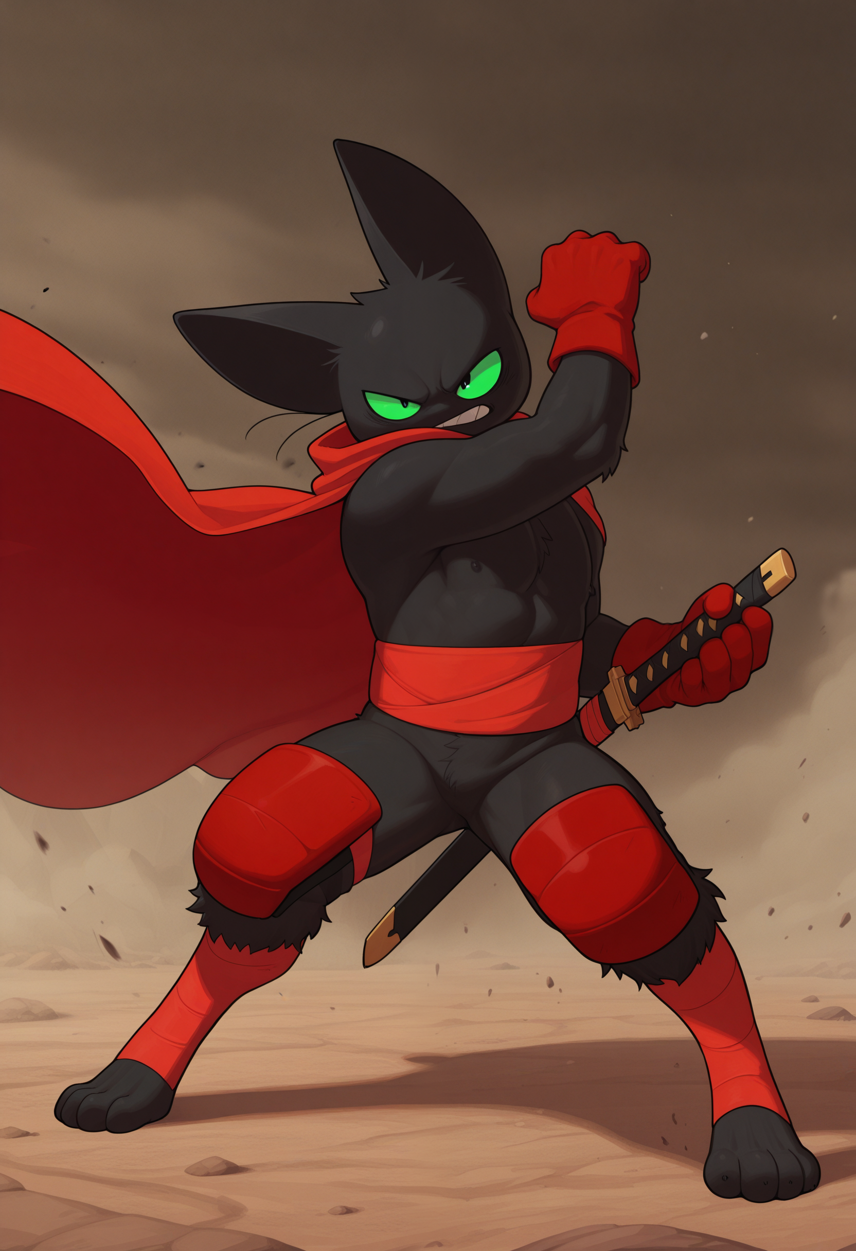 masterpiece, best quality, amazing quality, 1boy, solo, MaoMM, red cape, waist band, knee pads, leg bandages, red gloves, sword, fighting stance