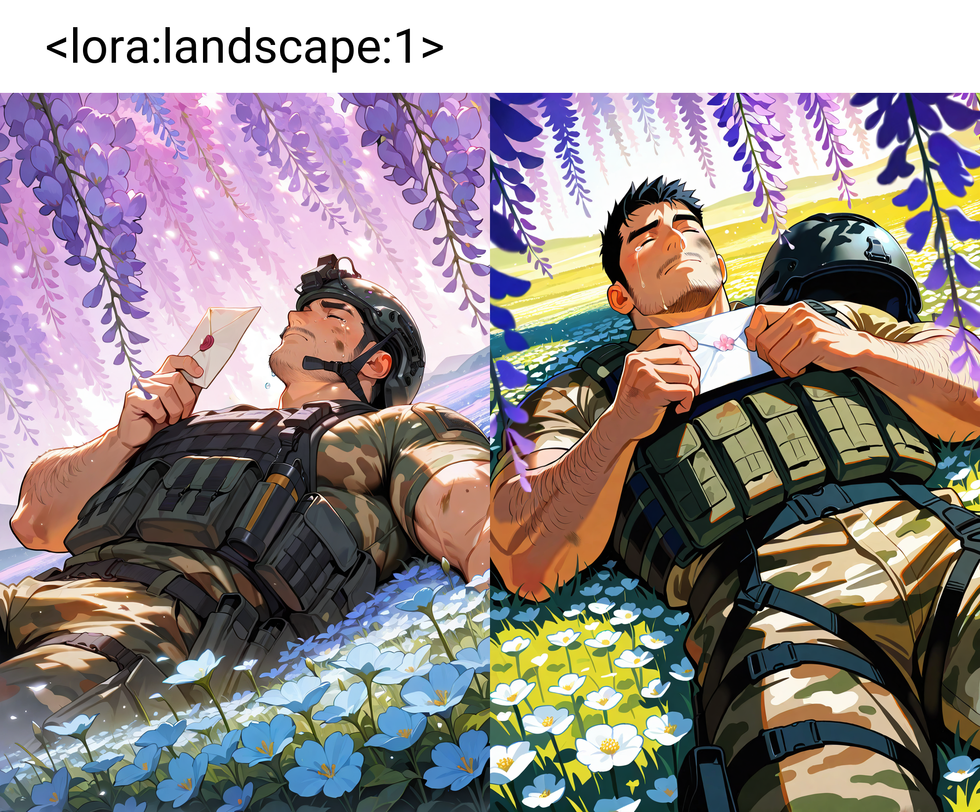 1boy,bara,muscular male,stubble,
closed eyes,black hair,long sideburns,hairy,mustache,dirty face,tears,face up,holding letter,
tactical clothes,helmet,camouflage,lying on back,from below,cowboy shot,dutch angle,close-up,
wisteria,lying on flower,flower field,blossoms,landscape,scenery,light particles,nature,painterly,sunlight,shadow,
very awa,masterpiece,best quality,absurdres,newest,perfect quality,detailed background,intricate details,
<lora:landscape:1>,<lora:4k:1>,
Negative prompt: EasyNegative,(bad anatomy:1.2),bad proportions,bad perspective,(bad quality, worst quality,low quality:1.2),(jpeg artifacts:1.2),lowres,blurred,duplicate,multiple people,multiple views,montage,cropped,error,extra digit,fewer digits,(text, subtitles, watermark, artist name, signature, logo, letterboxed, speech bubble),(monochrome, greyscale),3d,sketch,symbol,spoken,woman,girl,female,(deformed, distorted, disfigured),intertwined limbs,intertwined fingers,missing limbs,missing legs,missing arms,missing hands,extra limbs,extra legs,extra arms,extra hands,mutant limbs,mutant arms,mutant hands,mutant fingers,bulge,
Steps: 20, Sampler: Euler a, Schedule type: Automatic, CFG scale: 7.5, Seed: 4133050828, Size: 832x1216, Model hash: 1fece4700f, Model: homosimileXL_v30NAIXLEPSV11, Denoising strength: 0.2, ADetailer model: face_yolov8n.pt, ADetailer confidence: 0.3, ADetailer dilate erode: 4, ADetailer mask blur: 4, ADetailer denoising strength: 0.15, ADetailer inpaint only masked: True, ADetailer inpaint padding: 32, ADetailer model 2nd: mediapipe_face_mesh_eyes_only, ADetailer confidence 2nd: 0.3, ADetailer dilate erode 2nd: 4, ADetailer mask blur 2nd: 4, ADetailer denoising strength 2nd: 0.2, ADetailer inpaint only masked 2nd: True, ADetailer inpaint padding 2nd: 32, ADetailer version: 24.6.0, Hires Module 1: Use same choices, Hires CFG Scale: 10, Hires upscale: 1.2, Hires steps: 10, Hires upscaler: 4x-AnimeSharp, Lora hashes: "landscape: 3900550ea5b1, 4k: c5c86c77ade1", Version: f2.0.1v1.10.1-previous-659-gc055f2d4