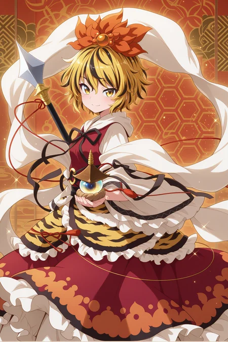 absurdres, highres, masterpiece, best quality, amazing quality, official anime artwork, screencap, anime screencap, looking at viewer, smile, 
 <lora:Shou-Toramaru_Illustrious:1> toramaru shou, 1girl, solo, two-tone hair, blonde hair, black hair, yellow eyes, short hair, streaked hair,, hair ornament, red dress, white sleeves, long sleeves, wide sleeves, red skirt, tiger print, white pants, shawl, 
light particles, sparkle, glowing, bishamonten's spear, bishamonten's pagoda,