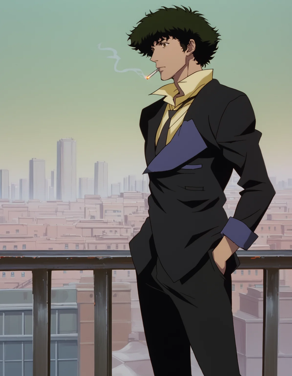 score_9, score_8_up, score_7_up, <lora:cowboy-bebop-ponyxl-000020:1> spiegel, yellow shirt, necktie, suit, pants
1boy, solo, male focus,, horizon, cityscape, holding cigarette