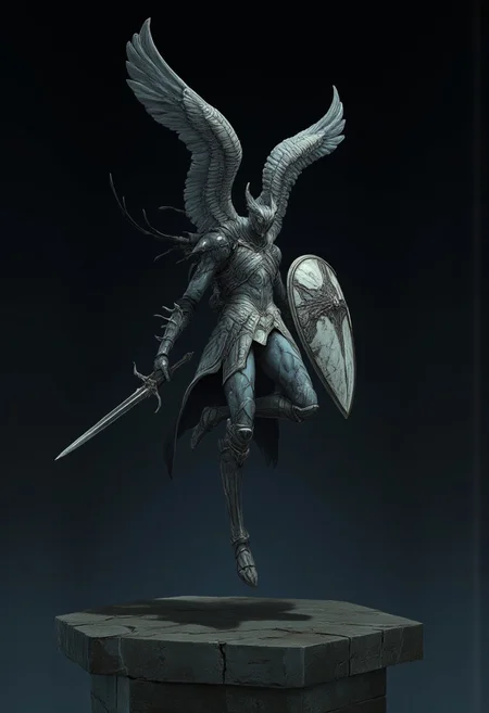 Standring in a hyper extended action pose
A feathered knight with a cape, holding a templar shield, and a gladiator sword
Set against a solid dark color background to emphasize its unsettling unnatural form that emphasizes its silhouette. The medium is not a traditional painting or illustrative medium like watercolor or ink but rather a digital 3D rendering.
MikeFranchinastyle, d4artstyle, d4concept, , bbstyle,, horror theme,, zbrush, ZBClay model of a gray sculpture, 1990's, 1990's style