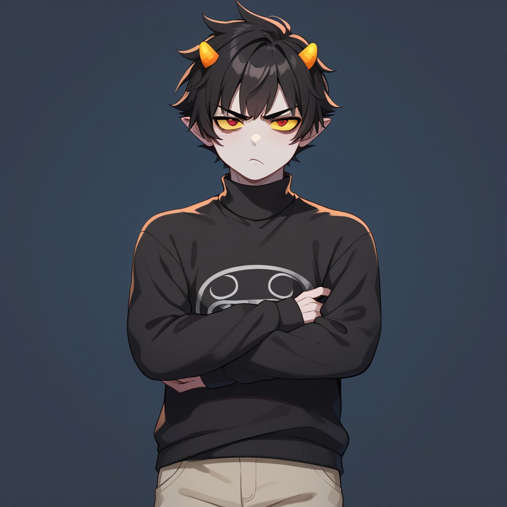 score_9, score_8_up, score_7_up, best quality, flat coloring, flat shadows, thick lines,
BREAK, 
1boy, karkat, grey skin, yellow sclera, red eyes, black hair, short hair, horns, black shirt, sweater, long sleeves, grey pants, grumpy, arms crossed,