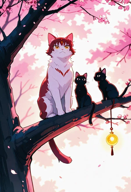 A monochromatic, black-and-white photograph of two cats sitting on a tree branch, facing each other in an intimate and harmonious pose. The left cat is black, while the right cat is white, creating a striking contrast. They are surrounded by delicate, blooming branches with small flowers, adding a serene and romantic atmosphere. The background is softly blurred, focusing the viewer's attention on the cats and their interaction. The lighting is soft, emphasizing the texture of their fur and the gentle ambiance of the scene.
<lora:Anime v1.3:1.2> <lora:Blue_Future:0.9> <lora:Ethereal Brush Anime v2.0:0.6> <lora:It's a LoRA for portraits, BUT! actually specialized in backgrounds. v1.0:0.2>
,yellow sphere on background